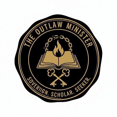 Official logo for The Outlaw Minister featuring an open book, a flame, and crossed keys with the words Sovereign, Scholar, Seeker.