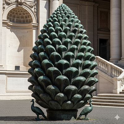 The Fontana della Pigna, a 13-foot-tall bronze pine cone located in the Cortile della Pigna (Pinecone Courtyard) of the Vatican. Originally a Roman fountain from the 1st century, it stands as a massive symbolic centerpiece in the heart of the Papal estate.