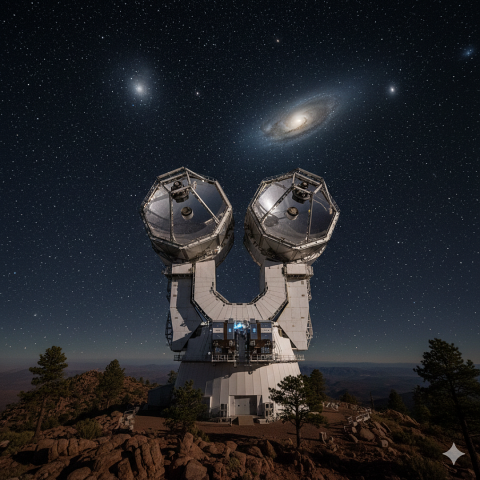 The Large Binocular Telescope (LBT) on Mount Graham, Arizona. It houses the L.U.C.I.F.E.R. near-infrared instrument, used to observe the most distant objects in the universe. The facility sits adjacent to the Vatican Advanced Technology Telescope (VATT).