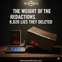 A digital scale comparing a 3.5 lb standard Bible with an 18.7 lb 81-book Bible, revealing the physical weight of the 6,828 redactions.